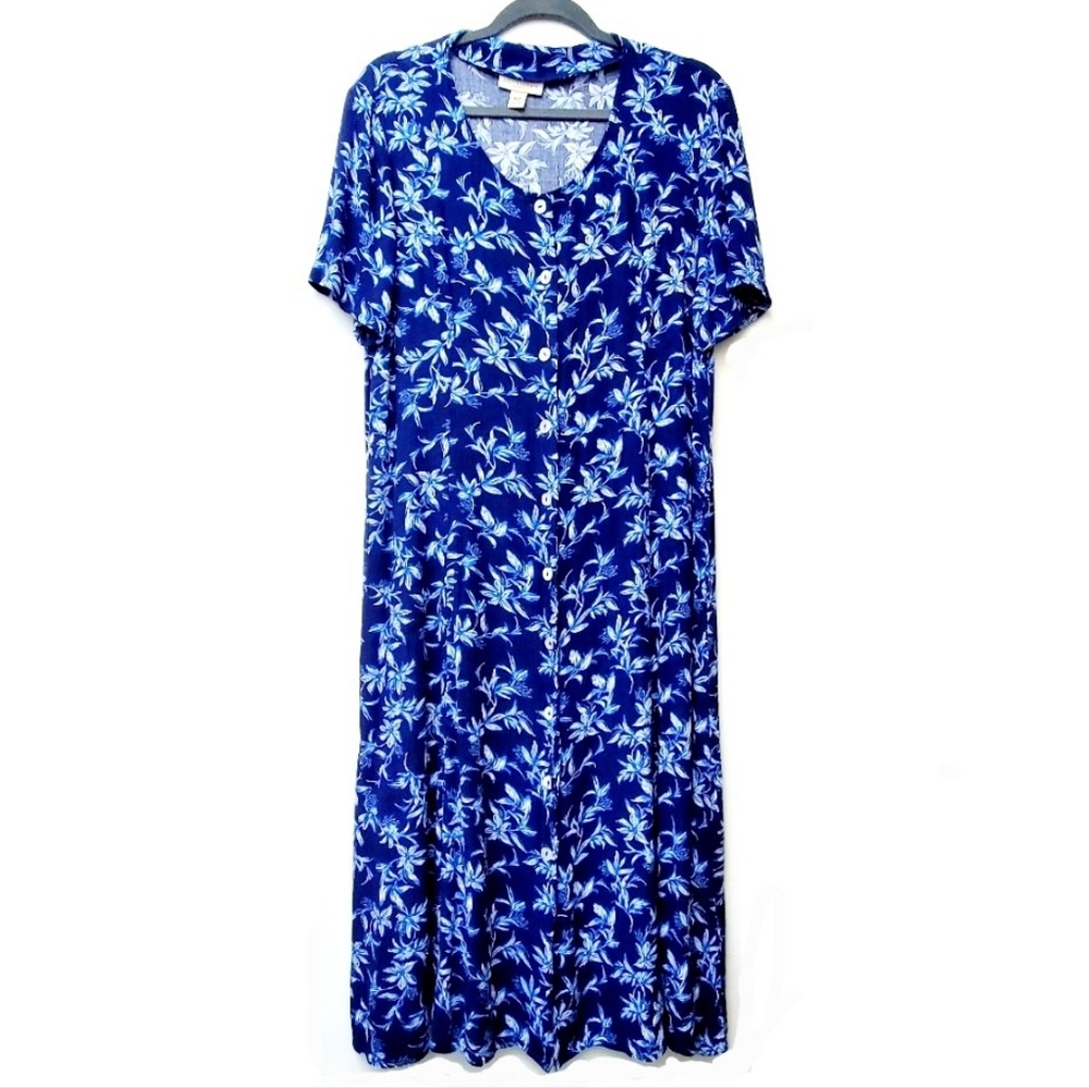 Applessed's Blue Floral Maxi Shift Dress Side Pockets Button Up Size 16 Petite